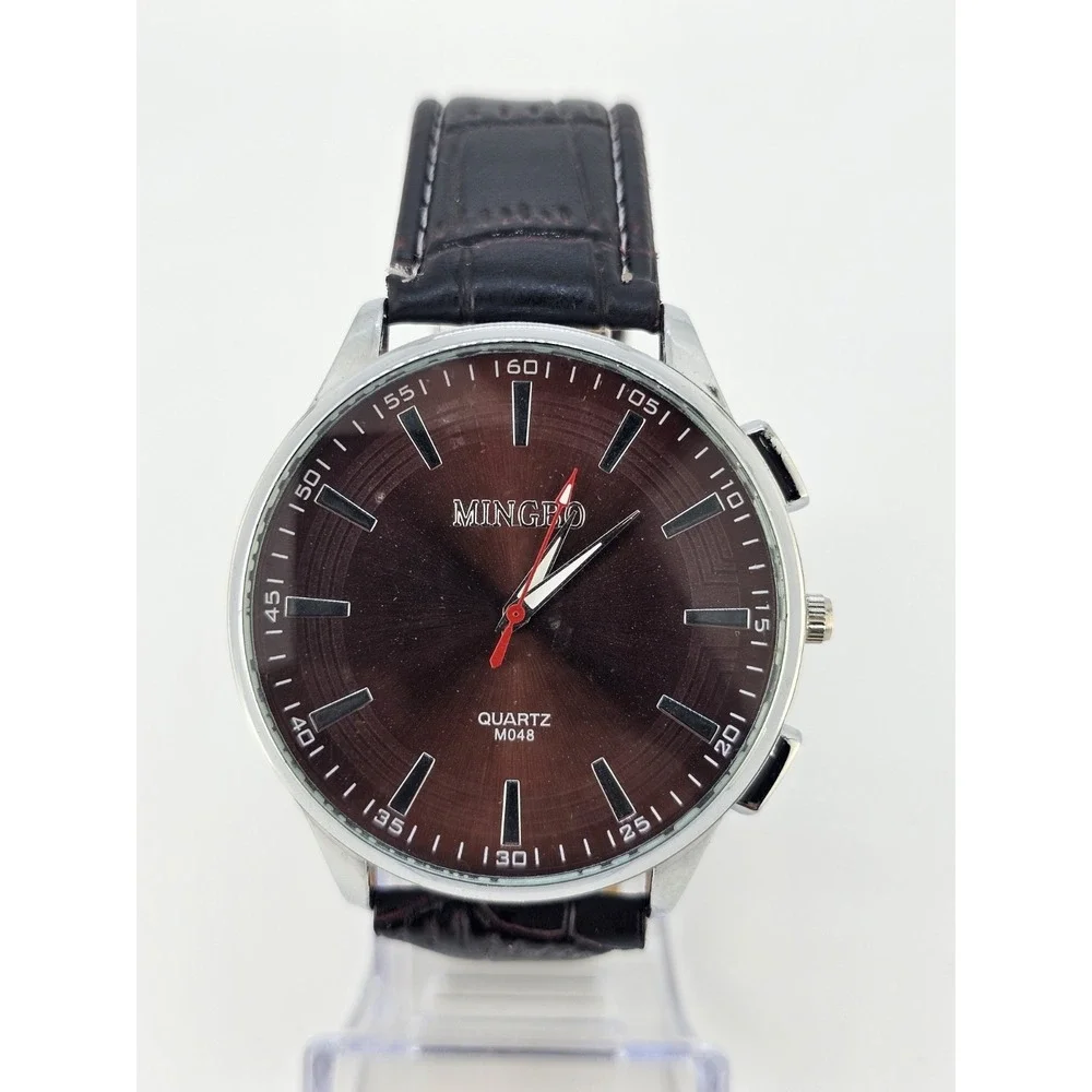 Men's Analog Watch‎ 45MM Brown Dial Dark Brown Faux Leather Bands New Battery
